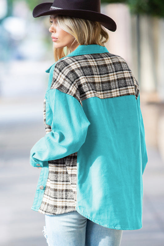 Sky Blue Plaid Patchwork Pockets Denim Jacket