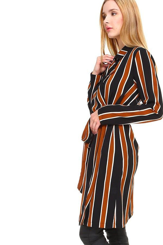 Trench Coat Multi Stripe Long Line Belted Jacket