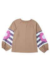 Light French Beige Flower Striped Patchwork Sleeve Plus Size Sweatshirt