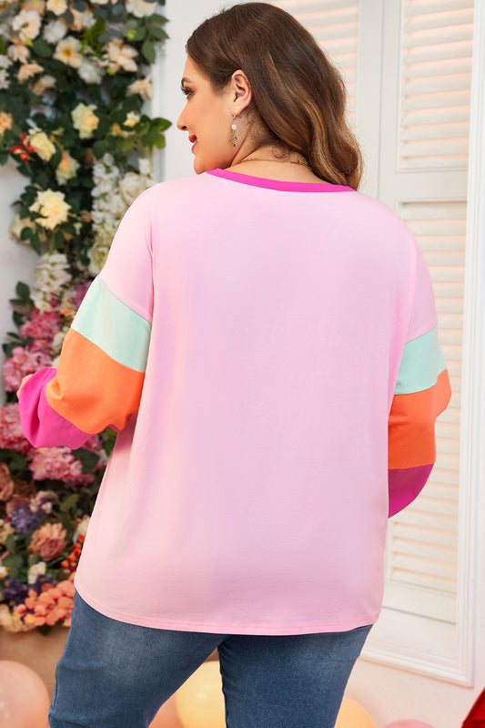 Pink Colorblock Long Sleeve Plus Size Top