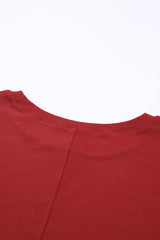 Red Solid Color Exposed Seam Long Sleeve Top