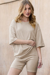 Apricot Ribbed Knit Drop Shoulder T Shirt & Shorts Two Piece Shorts Sets