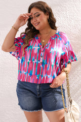 Rose Plus Abstract Ruffle Sleeve Button V Neck Blouse