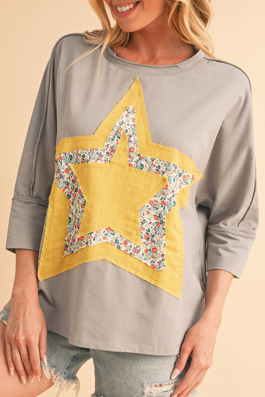 Medium Grey Floral Star Patched Exposed Seam Top