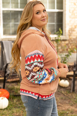 Khaki Geometric Patchwork Waffle Knit Plus Size Hoodie