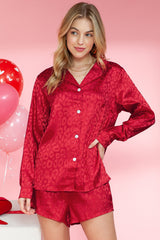 Red Leopard Satin Long Sleeve Top & Shorts Loungewear Set