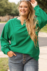 Bright Green Exposed Seam Notched Neck Plus Size Sweatshirt