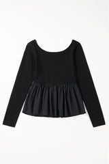 Black Pleated Hem Long Sleeve Ribbed Knit Top