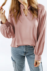 Pink Elegant Keyhole Long Sleeve Satin Blouse