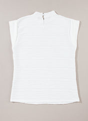 White Wavy Textured Mock Neck Cap Sleeve Top