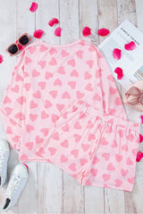 Black Heart Shape Print Long Sleeve Top and Shorts Loungewear Set