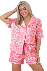 Pink 60s Flower Print Buttoned Shirt and Drawstring Waist Pajama Set