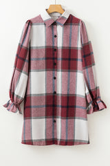 Khaki Plaid Pattern Collared Neck Ruffled Sleeve Shirt Dress