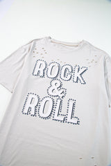 Gray Rock & Roll Graphic Ripped Oversized Tee