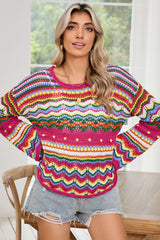 Rose Red Colorblock Striped Hollowed Knit Loose Sweater