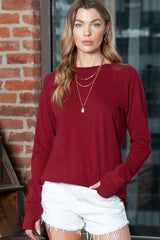 Green Plain Solid Casual Thumbhole Long Sleeve Top