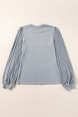 Gray Solid Color Contrast Ribbed Bishop Sleeve Top