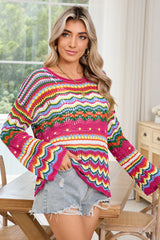 Rose Red Colorblock Striped Hollowed Knit Loose Sweater