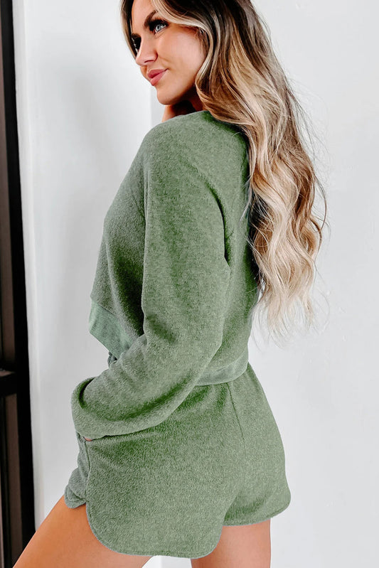 Green Fleece Cropped Pullover & Shorts Two Piece Shorts Set