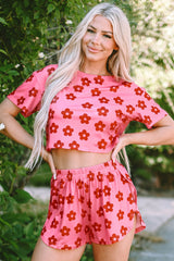 Rose Floral Print Crop Tee and Slits Shorts Pajama Set