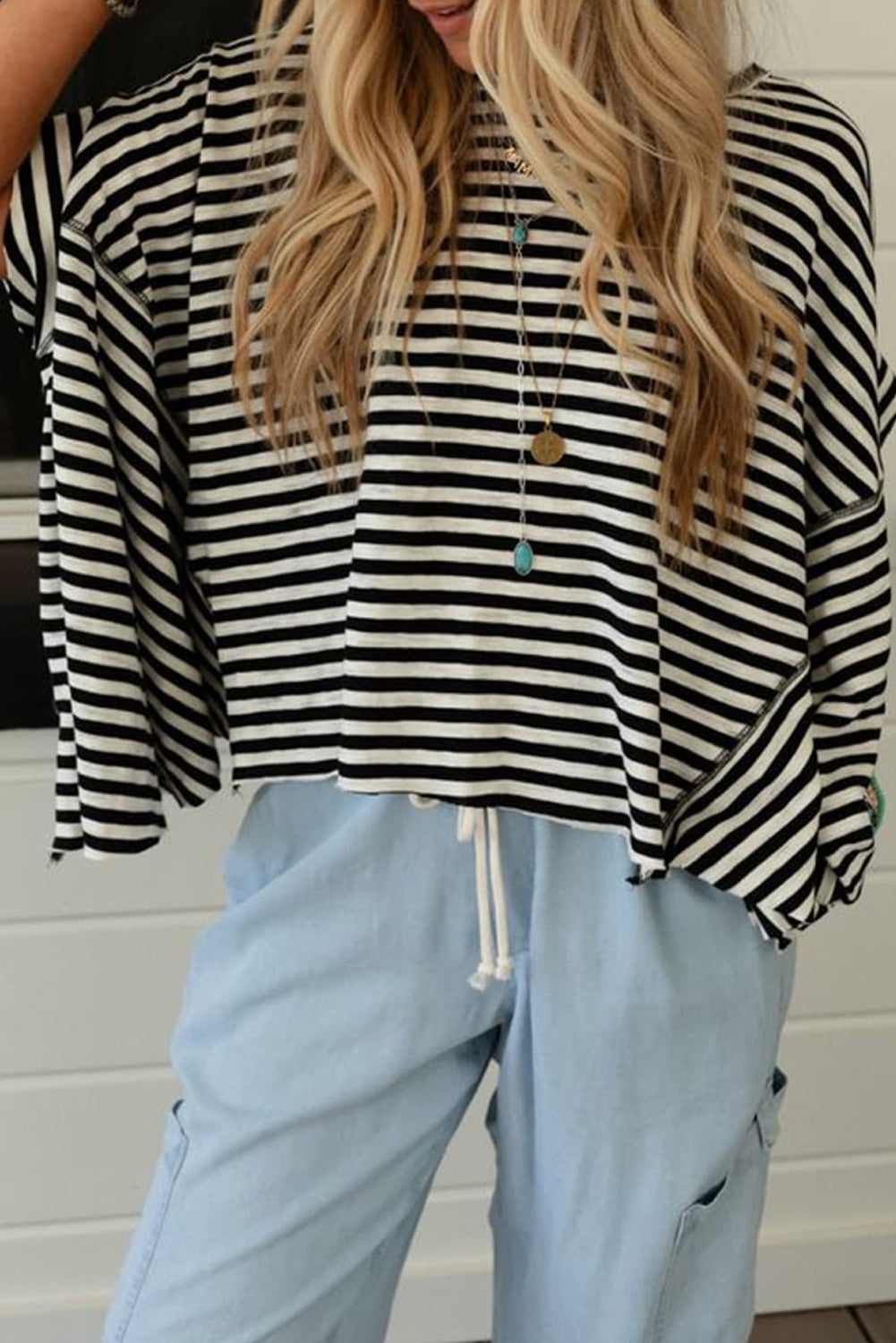 Black Striped Batwing Sleeve Oversized Top