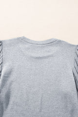 Gray Solid Color Contrast Ribbed Bishop Sleeve Top