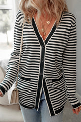 Black Striped Pocketed Button Long Cardigan