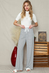 White Striped Casual Drawstring Wide Leg Pants with Pockets