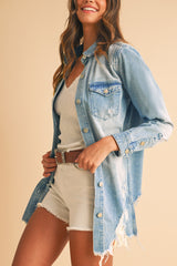 Beau Blue Light Wash Distressed Frayed Long Denim Jacket