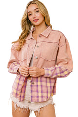 Pink Denim and Flannel Button Up Shirt Shacket with Pockets