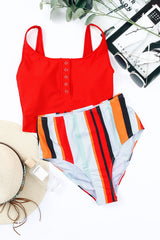 Red Sexy Square Neck Sleeveless Striped Print Tankini Swimsuit