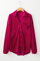 Pitaya Pink Velvet Buttoned V Neck Chest Pocket Shirt