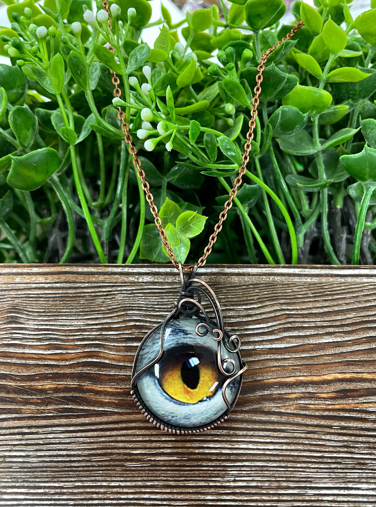 Wire Wrapped Graphic Art Owl Eye Glass Pendant