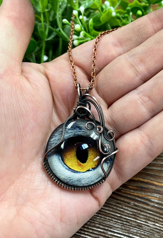 Wire Wrapped Graphic Art Owl Eye Glass Pendant