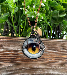 Wire Wrapped Graphic Art Owl Eye Glass Pendant