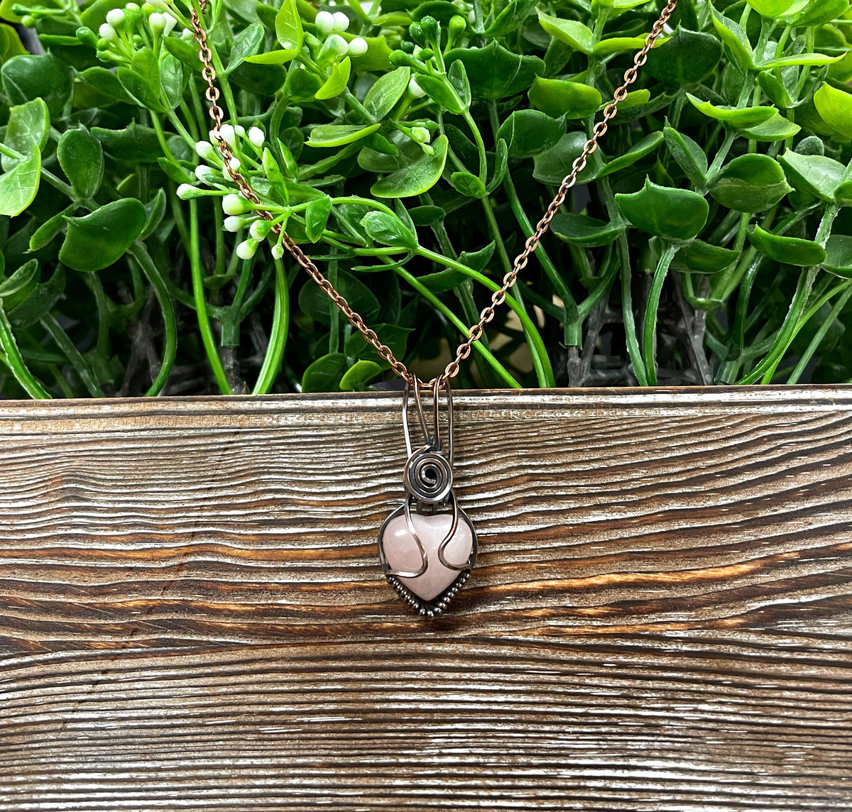 Small Pink Rose Quartz Gemstone Wire Wrapped Pendant Heart Shaped