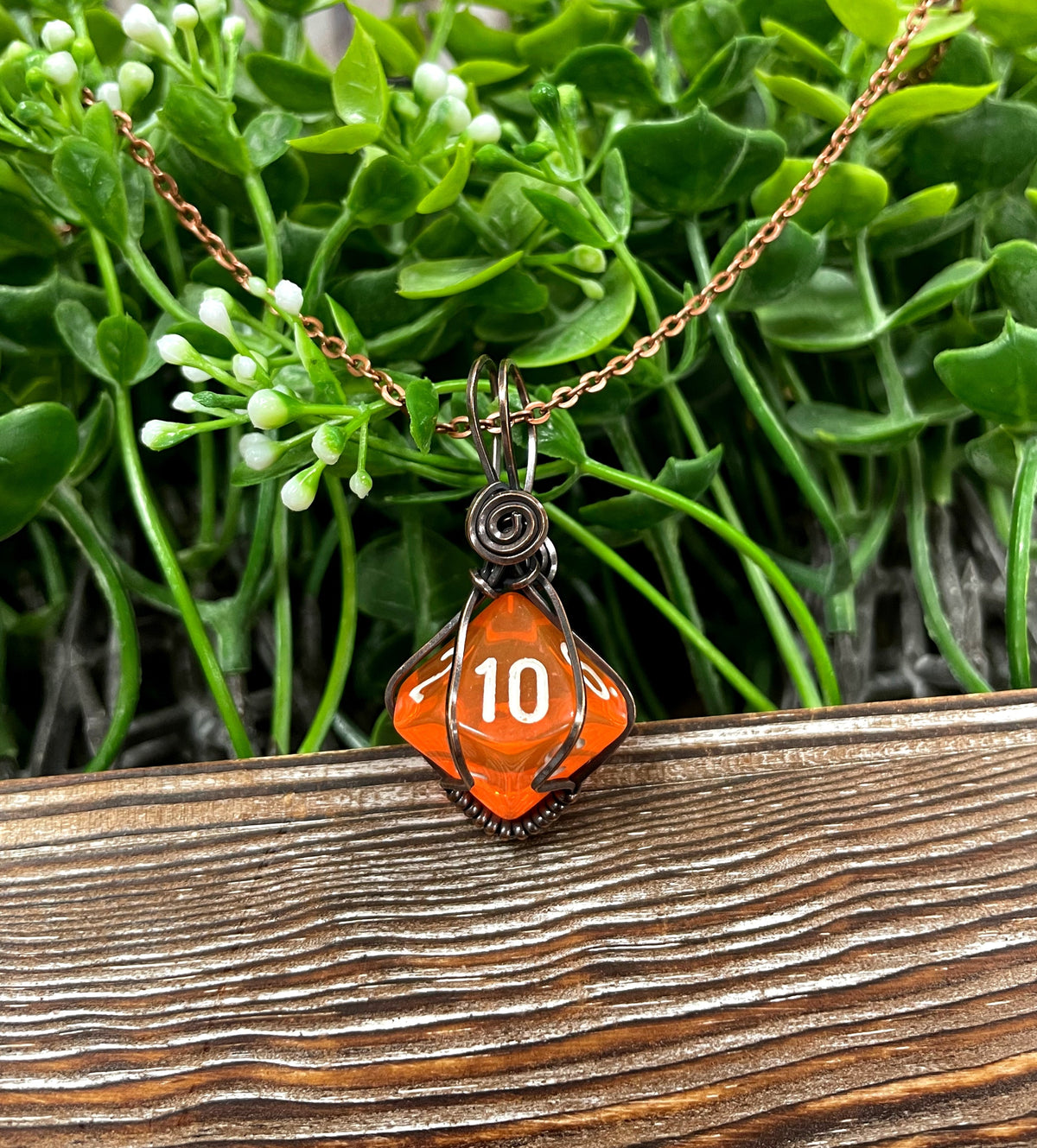 Orange Wire Wrapped D10 Dice Pendant