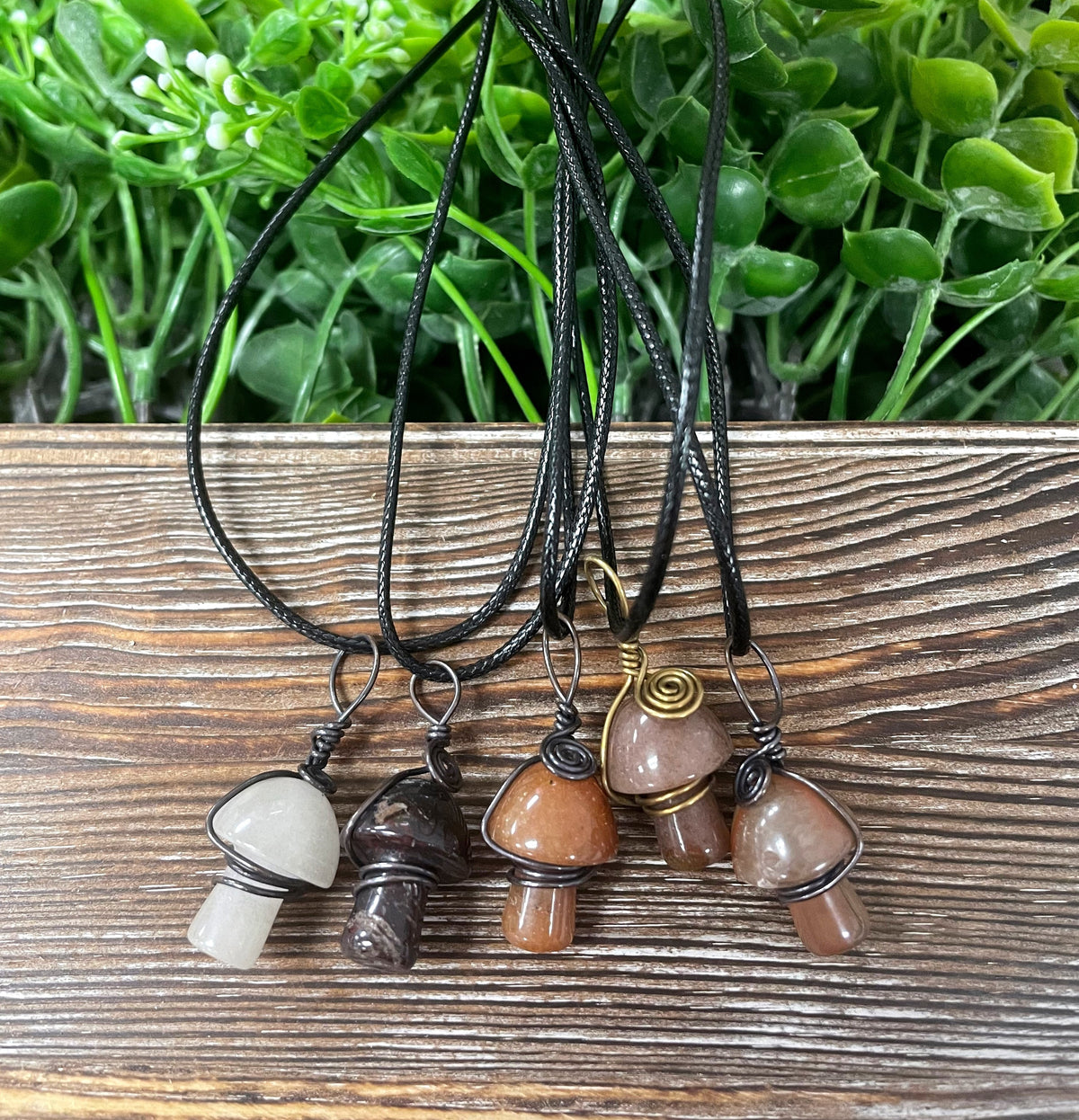 Wire Wrapped Mushroom, Random Gemstone Necklace,Tigers Eye Sodalite