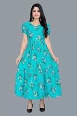 Women's Printed Crepe Stitched Anarkali Gown (Light Blue) (Size L)