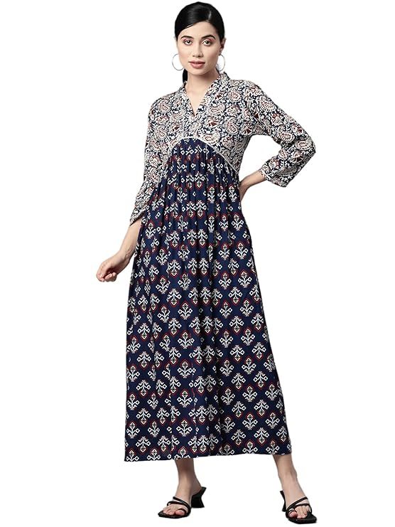 Rayon Paisley Print A-Line Dress (Size-M) (COLOR-BLUE)