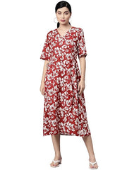 Cotton Floral Print A-Line Dress (Size-M) (COLOR-MAROON)