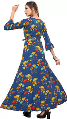 Women's Printed Crepe Stitched Anarkali Gown (Dark Blue) (Size L)