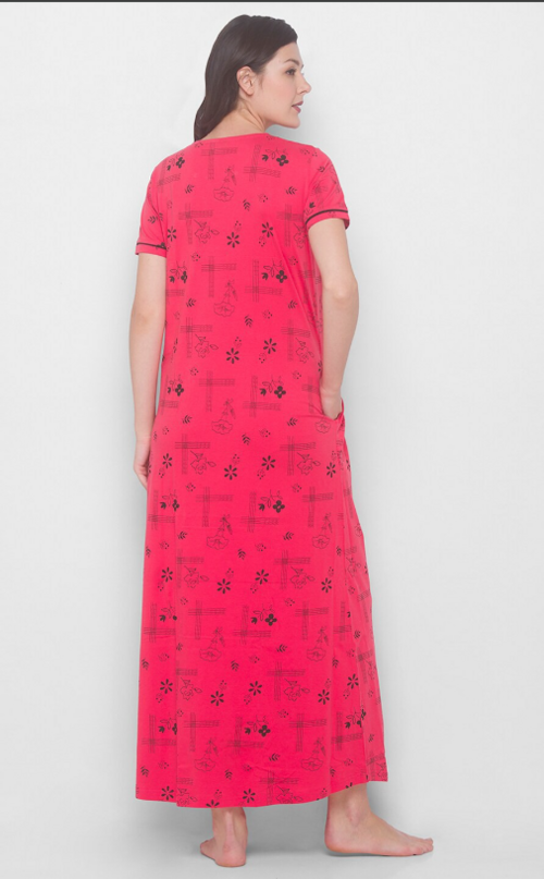 Women Printed Pure Cotton Maxi Nightdress Fuchsia(Size M)