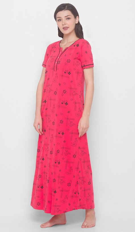 Women Printed Pure Cotton Maxi Nightdress Fuchsia(Size M)