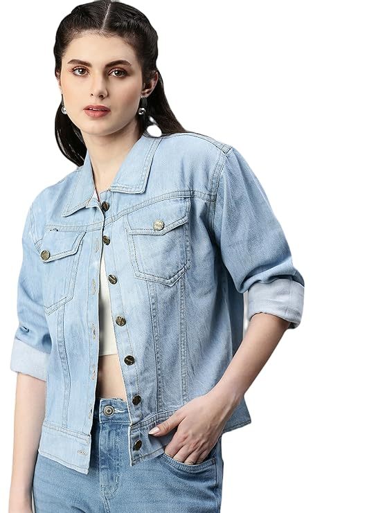 Women's Denim Jacket Cotton Blend Mild Wash Short Length Light blue