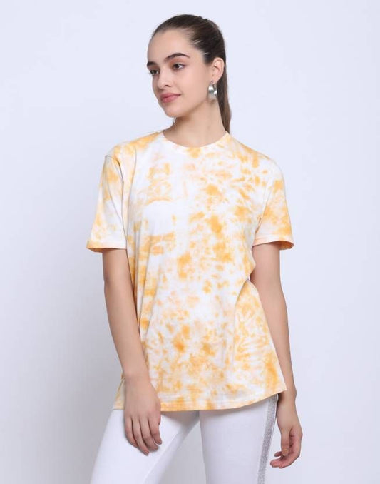 Scrunch Women Tie & Dye Round Neck Pure Cotton Orange T-Shirt (Size-S)