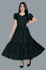 Women's Printed Crepe Stitched Anarkali Gown (Green, Black) (Size L)