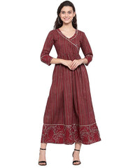 Cotton Striped Print A-Line Dress (Size-M) (COLOR-WINE)