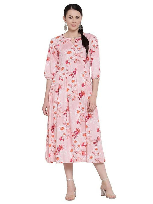 Rayon Floral Print A-Line Dress Peach flower printed (Size-L)