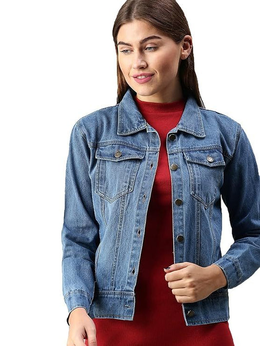 Women's Denim Jacket Cotton Blend Mild Wash Short Length (Size-M)